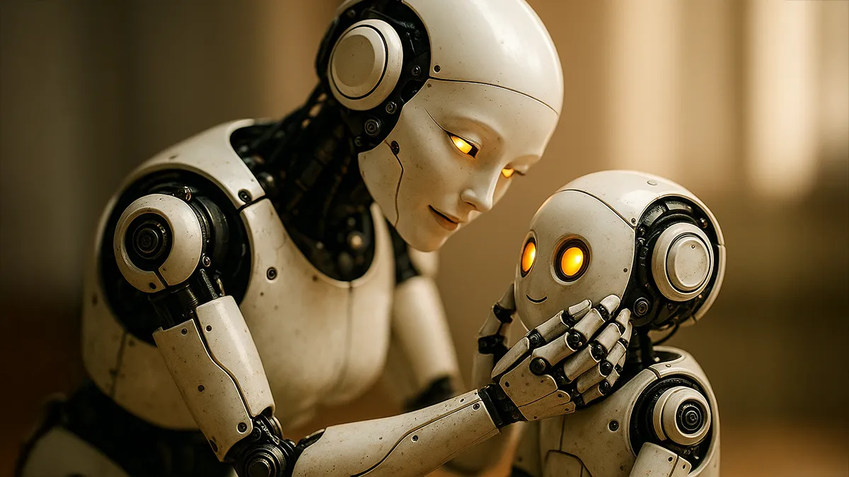 Ein Mutter-Roboter kümmert sich um einen Kind-Roboter